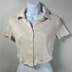 Wild Fable Women’s Cream Ribbed Button Down Crop Top Size Small